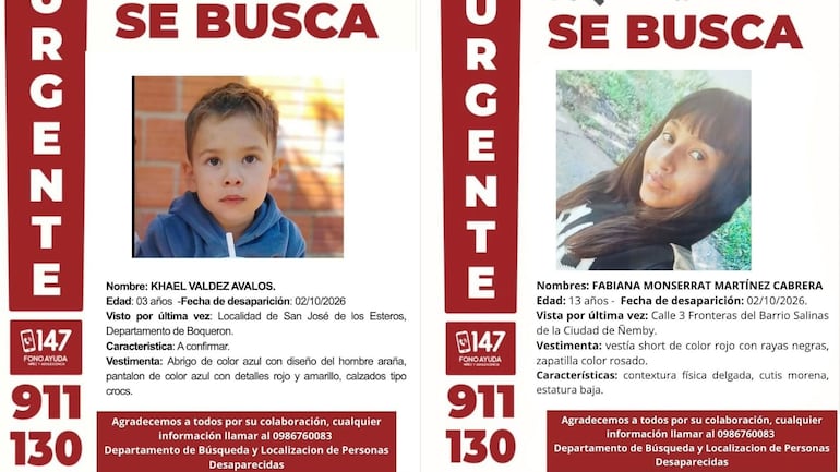 Afiches oficiales difundidos por la Policía con los datos de los desaparecidos