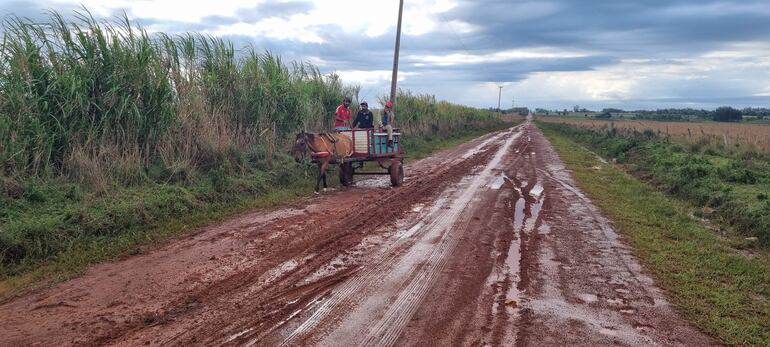 Tres trabajadores del campo junto a un carro tirado por un caballo en un camino rural mojado y con vegetación alrededor.