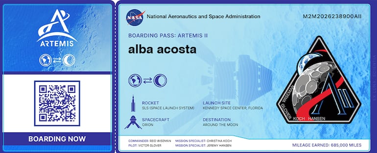 Boarding Pass para la nave Orion de Artemis II de la NASA, próximo a despegar en abril. ¿Ya sabés cómo participar?