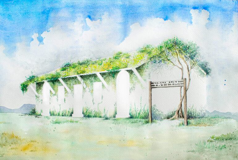 Acuarela de edificio cubierto de vegetación en campo verde, con cartel de madera que dice 'YBYTYMI' a la derecha.