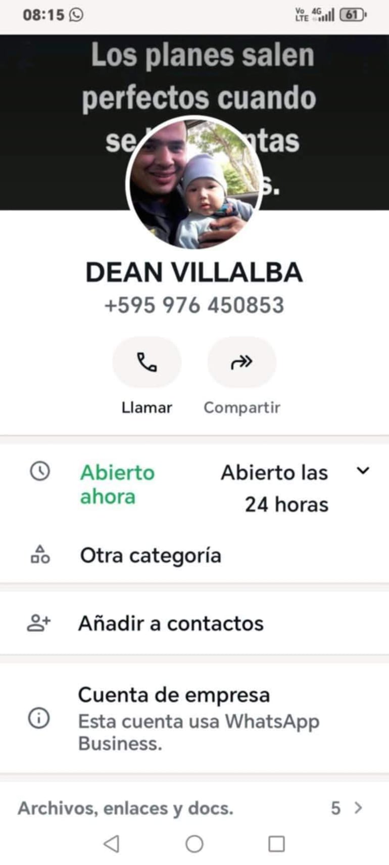 Perfil de WhatsApp muestra adulto y bebé, con texto promocional sobre planes disponibles y contacto abierto 24 horas.
