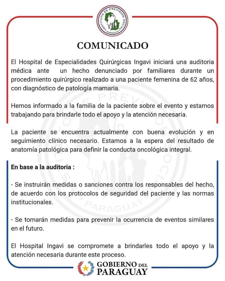 Comunicado de IPS anunciando auditoría por caso de presunta negligencia médica en el Hospital Central. 