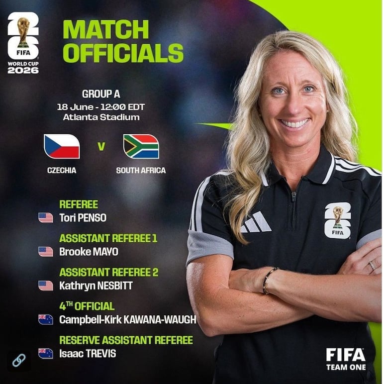 El equipo arbitral para el partido de República Checa y Sudáfrica.