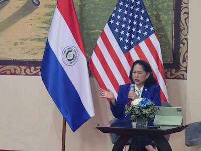 Dra. Celina Realuyo en blazer azul, hablando con micrófono, flanqueada por banderas de Paraguay y EE. UU., en ambiente de conferencia.