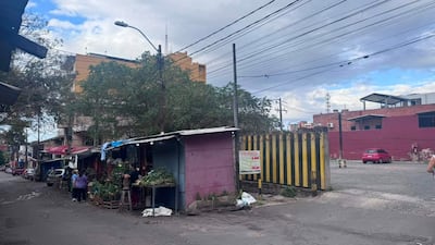 Dos mujeres en el mercado, una con blusa morada y canasta, la otra cerca de un puesto de verduras, en un ambiente urbano bullicioso.