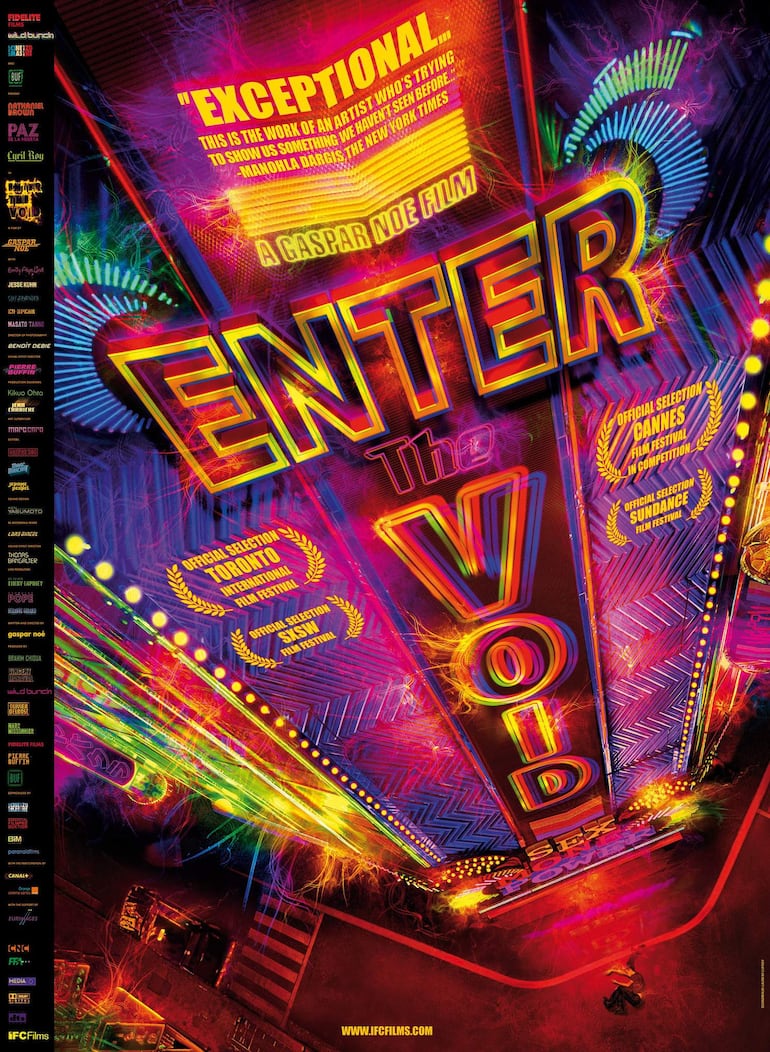 Afiche de Enter The Void, con colores vibrantes y texto destacado sobre la película y sus premios.