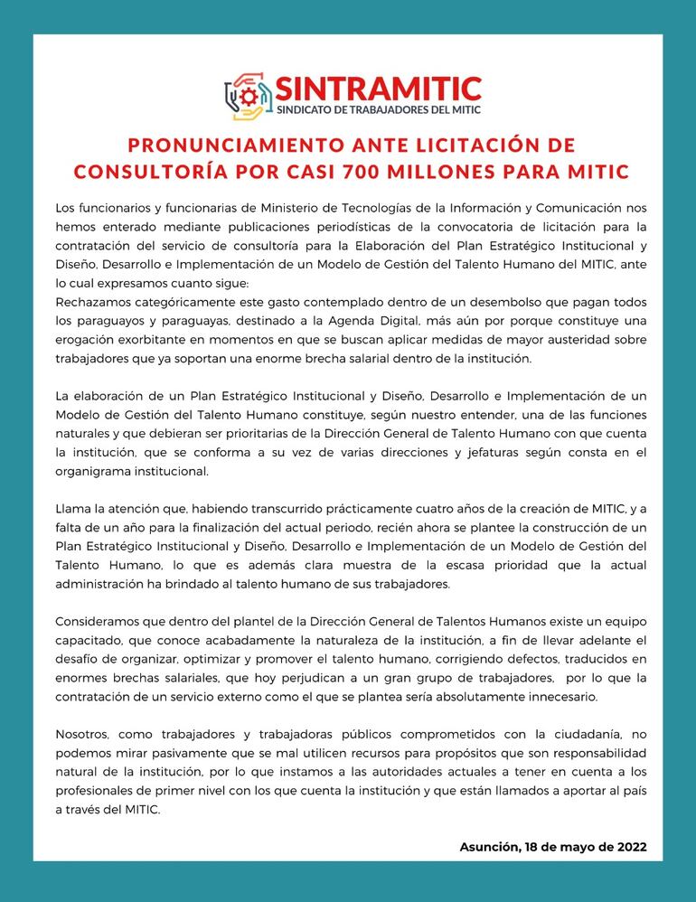 Sindicato de Mitic rechaza millonario llamado para "consultoría"