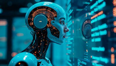 La imagen muestra una representación futurista y detallada de un robot o androide con rasgos faciales humanos, mirando hacia una pantalla digital translúcida.