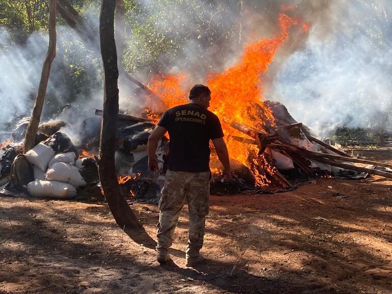 Los agentes especiales prenden fuego a las bolsas de marihuana halladas en el lugar.