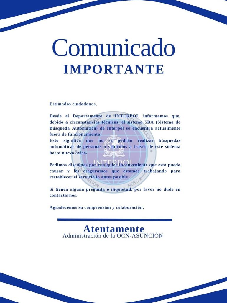 Comunicado de Interpol.