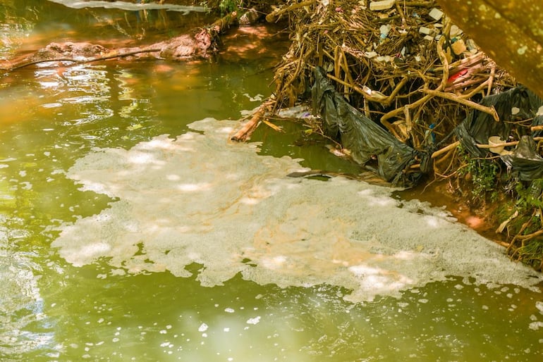 El arroyo Acaraymi presenta un color verdoso, mucha espuma y un fuerte olor. 