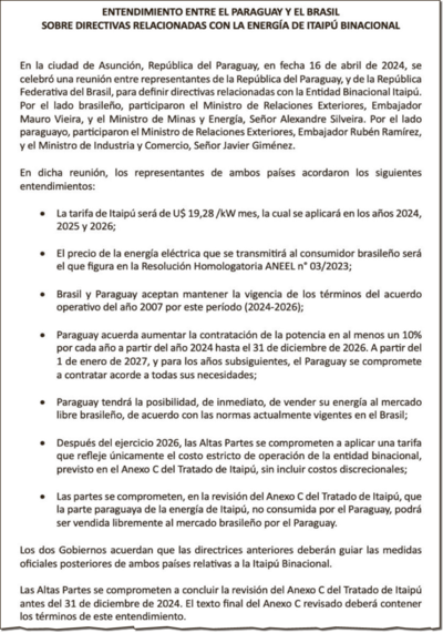 El documento acordado con el Brasil sobre Itaipú.