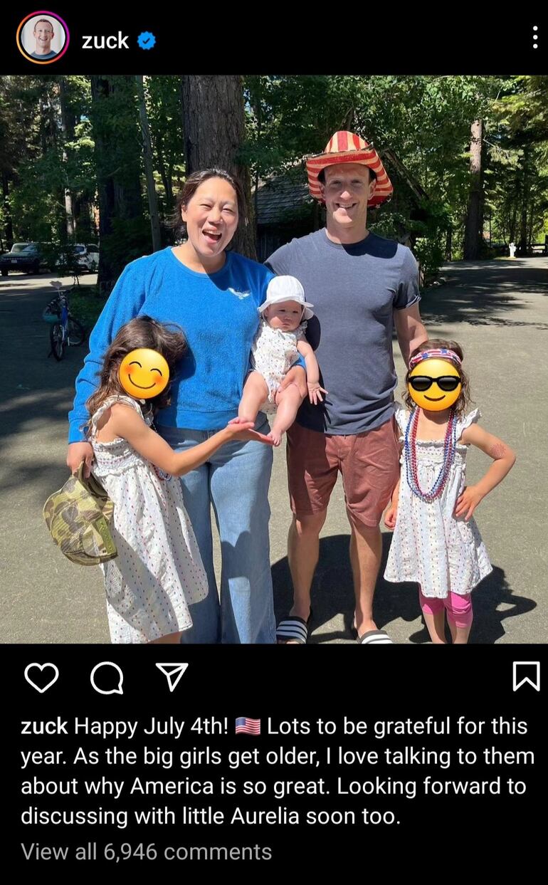 "¡Feliz 4 de julio! Mucho que agradecer este año. A medida que las niñas mayores crecen, me encanta hablarles sobre por qué Estados Unidos es tan grandioso. Espero con ansias discutir con la pequeña Aurelia pronto también", es lo que escribió Zuckerberg.