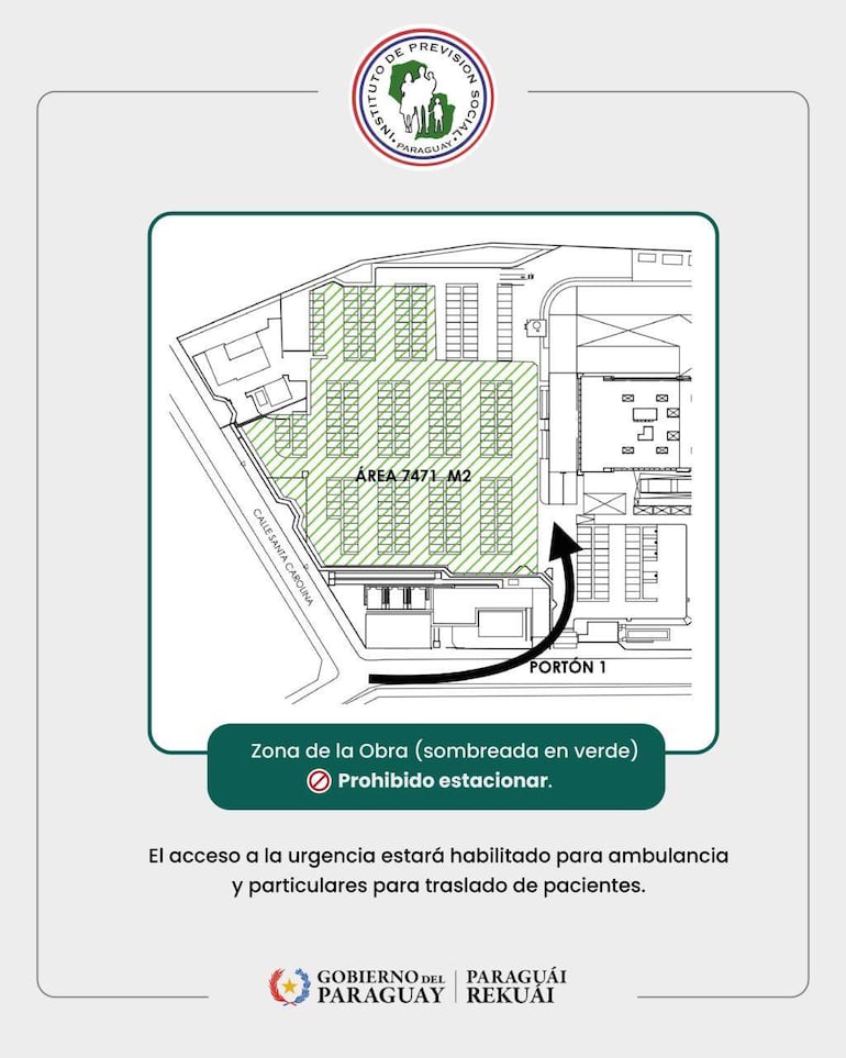 Plano del IPS Ingavi con indicaciones de acceso y advertencias de prohibición de estacionamiento en la zona de obras.