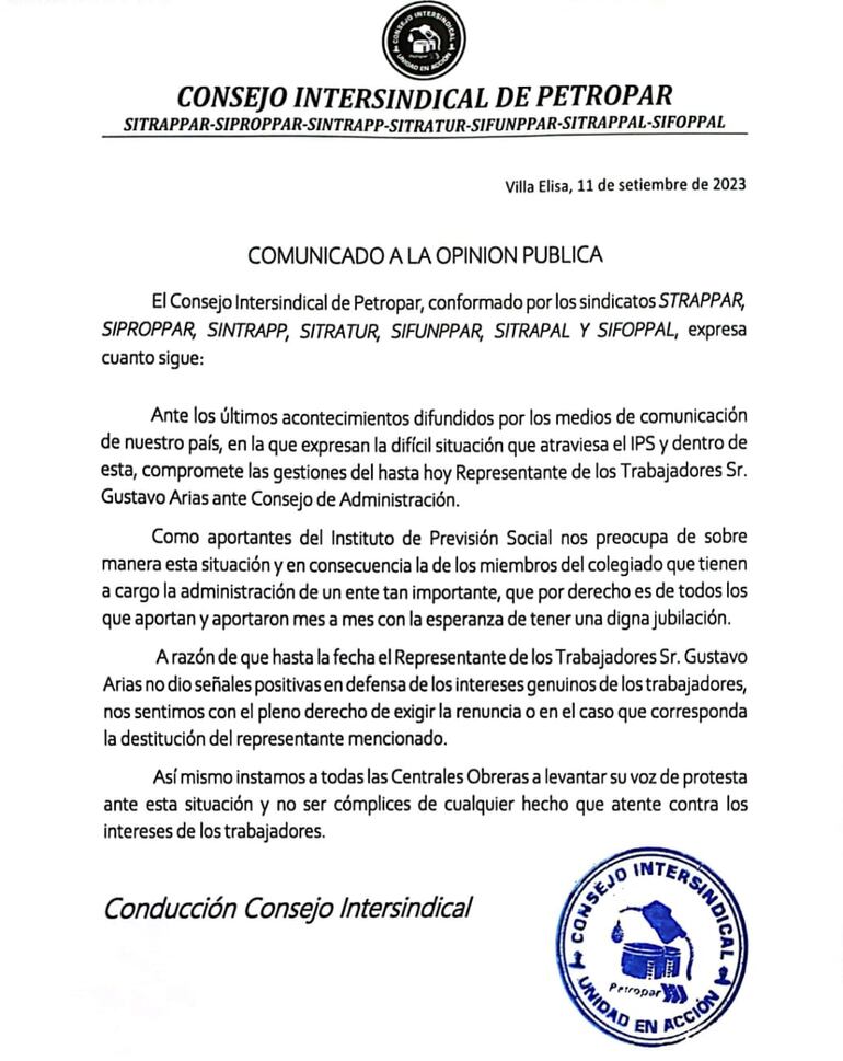 Comunicado del consejo intersindical de Petropar.