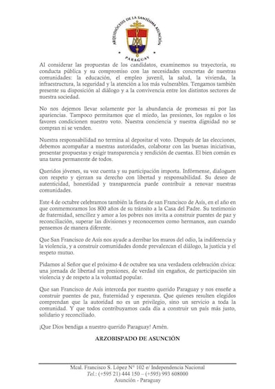 Documento del Arzobispado con texto reflexivo sobre responsabilidad cívica, sin personas presentes.