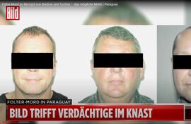 Los tres alemanes encarcelados en Paraguay por el terrible doble homicidio ocurrido en Areguá. La imagen corresponde al canal Bild Live de Alemania, que envió un periodista a nuestro país a cubrir la historia.