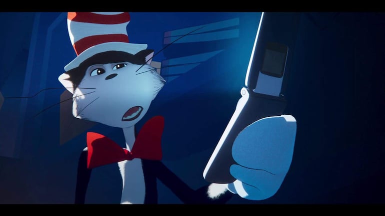 Personajes de 'El gato con sombrero' en coloridos trajes y sombreros, interactuando en un entorno cartoon lleno de fantasía.