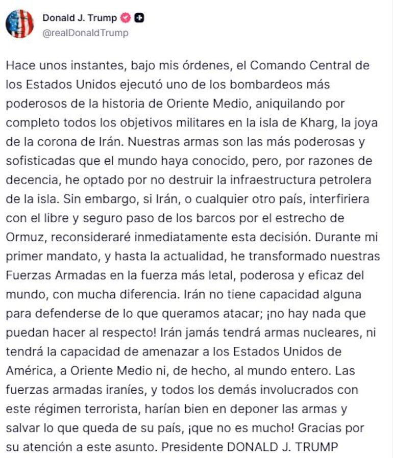 Trump anuncia un “poderoso” bombardeo contra una isla petrolera clave de Irán