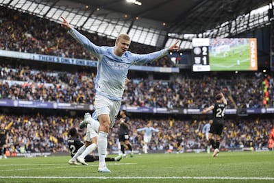 Erling Haaland festeja uno de sus goles contra el Ipswich Towm.