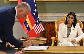 Venezuela's interim President Delcy Rodriguez (R) gestures during the signing of an oil agreement with US Energy Secretary Chris Wright (unseen) at the Miraflores Presidential Palace in Caracas on September 2, 2026. US Energy Secretary Chris Wright oversaw the signing of deals worth "tens of billions of dollars" between Venezuela and oil majors Chevron and ENI as well as with energy company GE Vernova on September 2, 2026. (Photo by Juan BARRETO / AFP)