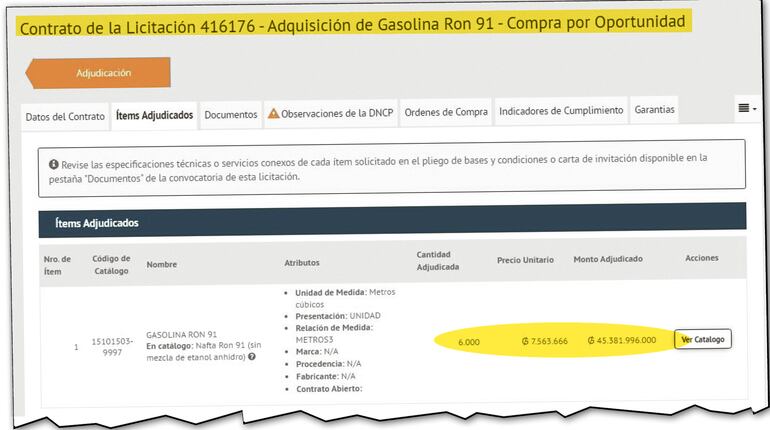 Ítem de la adjudicación realizada el 11 de julio de 2022 bajo el ID 416176 en el portal web de  Contrataciones Públicas.
