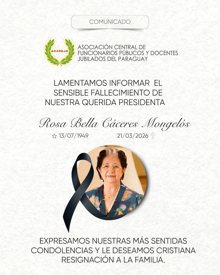 Comunicado sobre el fallecimiento de Rosa Bella Cáceres.