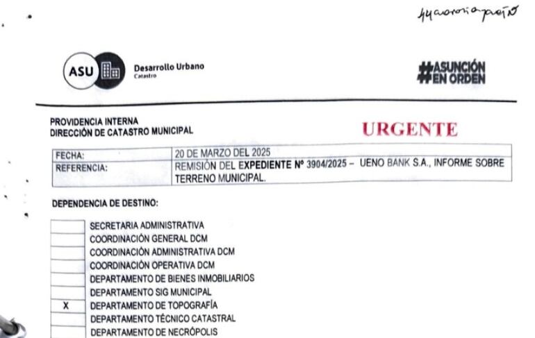 Providencia de Catastro Municipal a Topografía con carácter "urgente" para responder al pedido de Ueno Bank de cesión de uso de una calle.