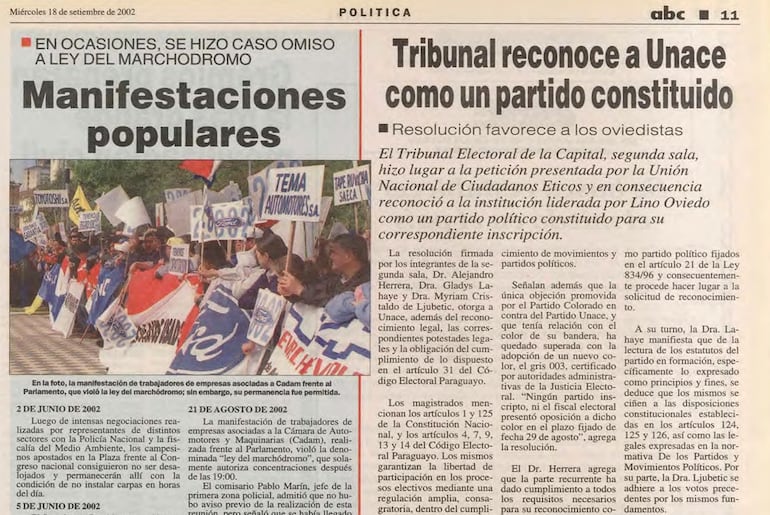 Artículo sobre el reconocimiento del UNACE por la Justicia Electoral en la edición del 18 de setiembre de 2002.