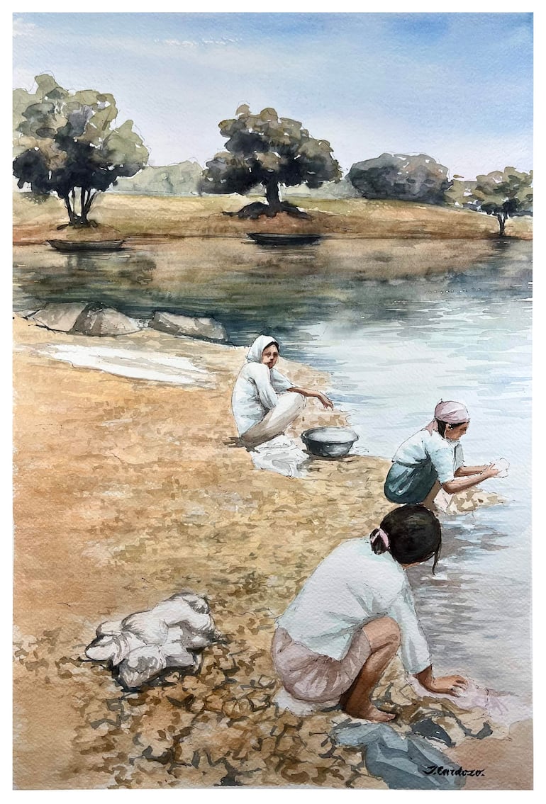 Mujeres jóvenes lavan ropa en el río, una con paño en mano, en un entorno sereno con árboles y un conejo en la arena.