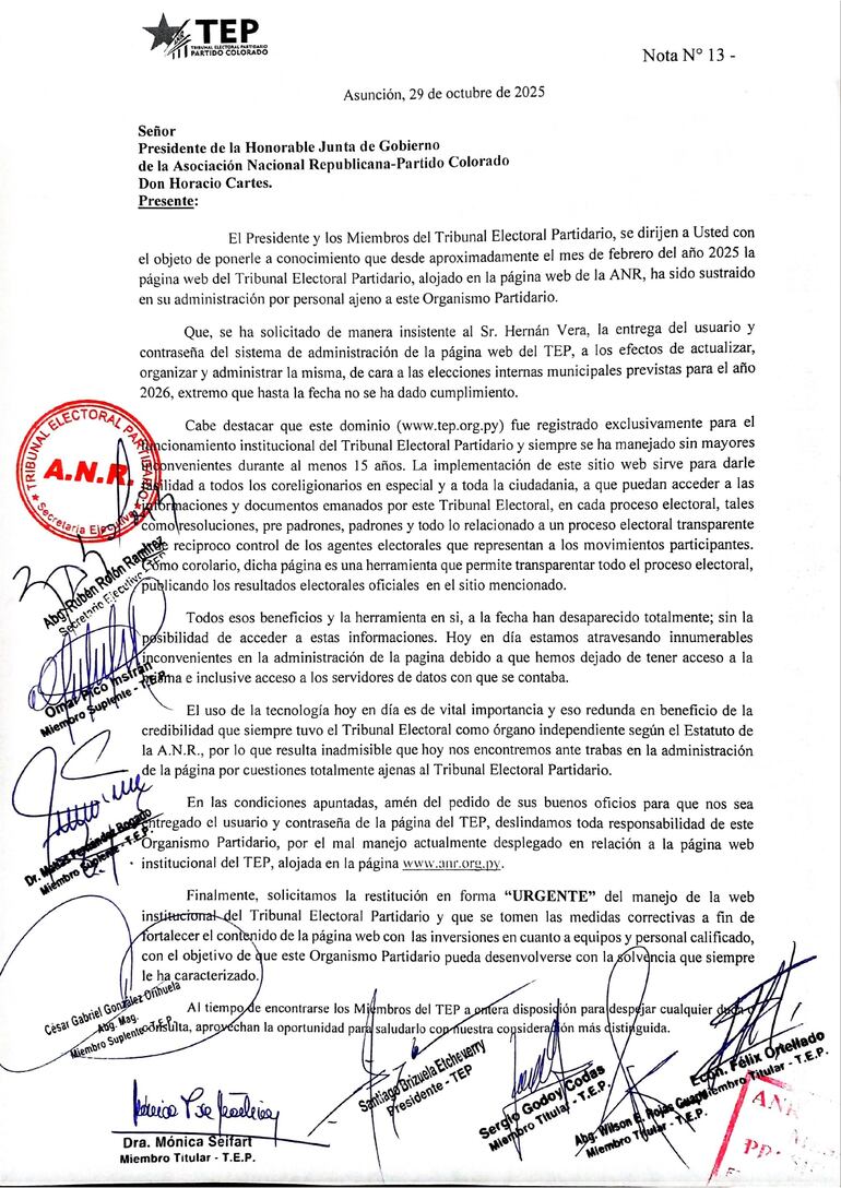 Nota del TEP de la ANR a Horacio Cartes.