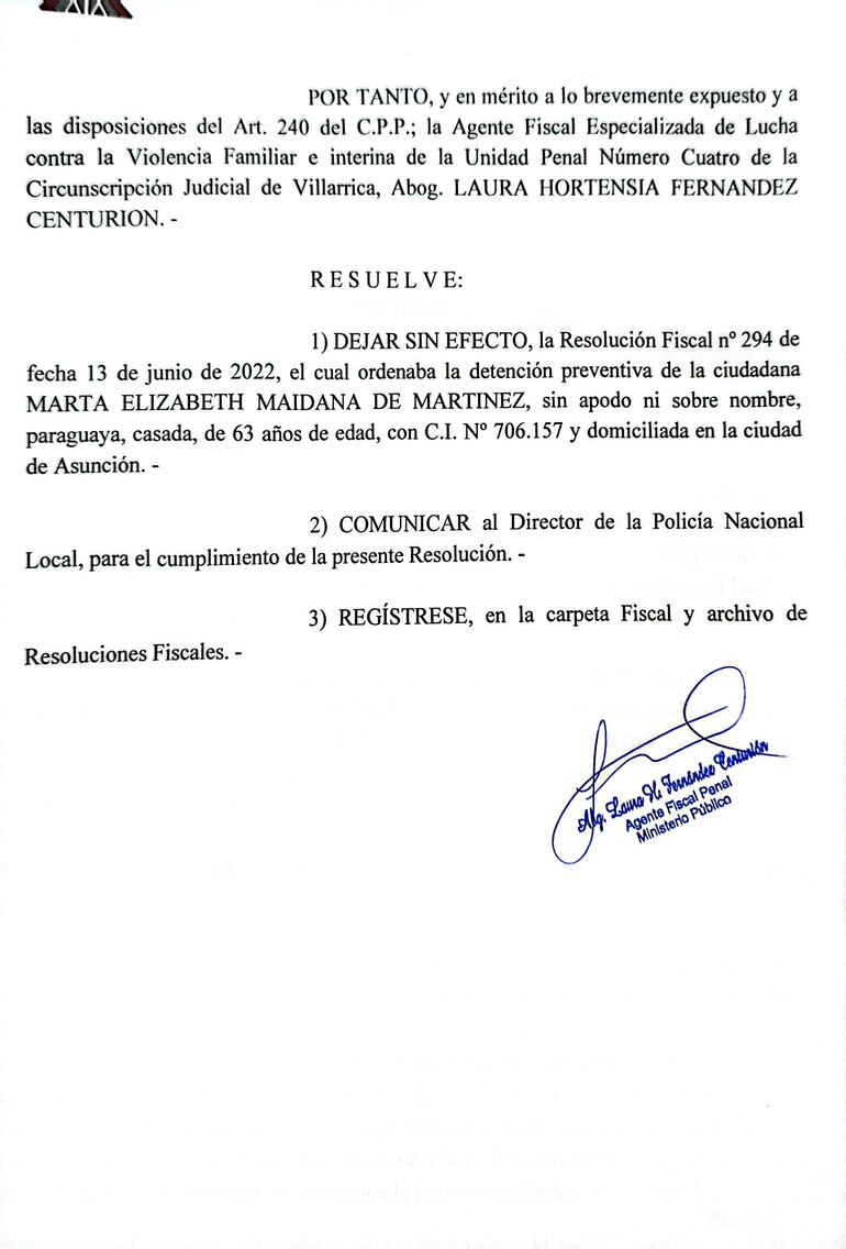 Resolución fiscal que dejó sin efecto la orden de detención preventiva de la docente jubilada.