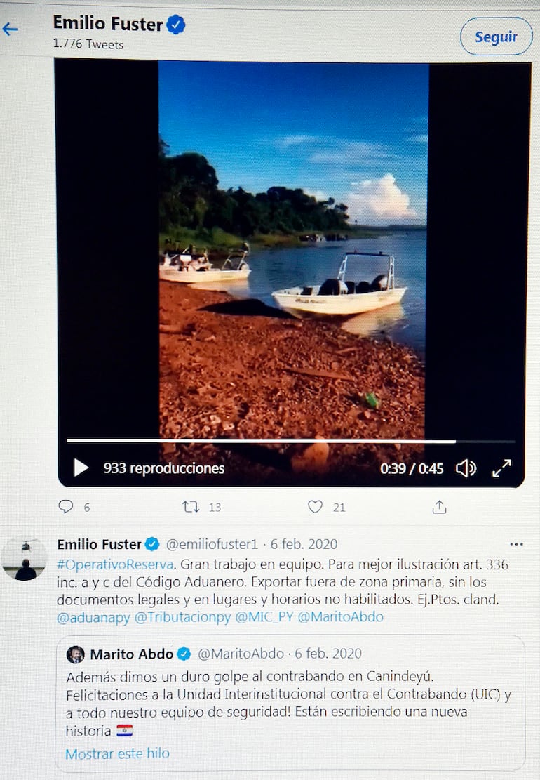 El tuit del Presidente y del ministro Fúster, tras el decomiso del cargamento de cigarrillos.