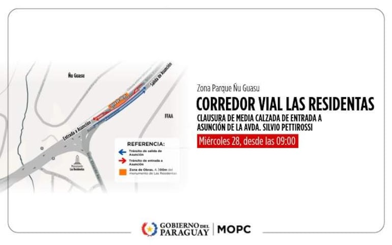 Mapa que muestra la clausura de media calzada y desvíos en la Avda. Silvio Pettirossi, sin personas visibles.