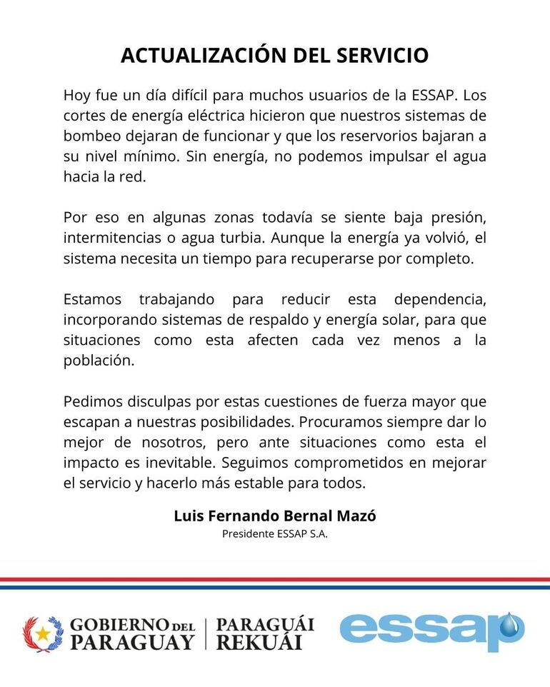 Comunicado de la Essap.