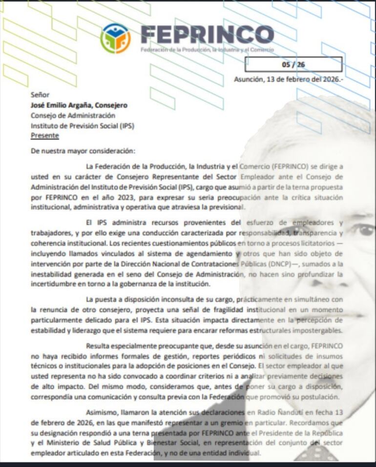 Nota de la Feprinco dirigida a José Emilio Argaña Contreras, representante de los empleadores ante el Consejo Administrativo de IPS.