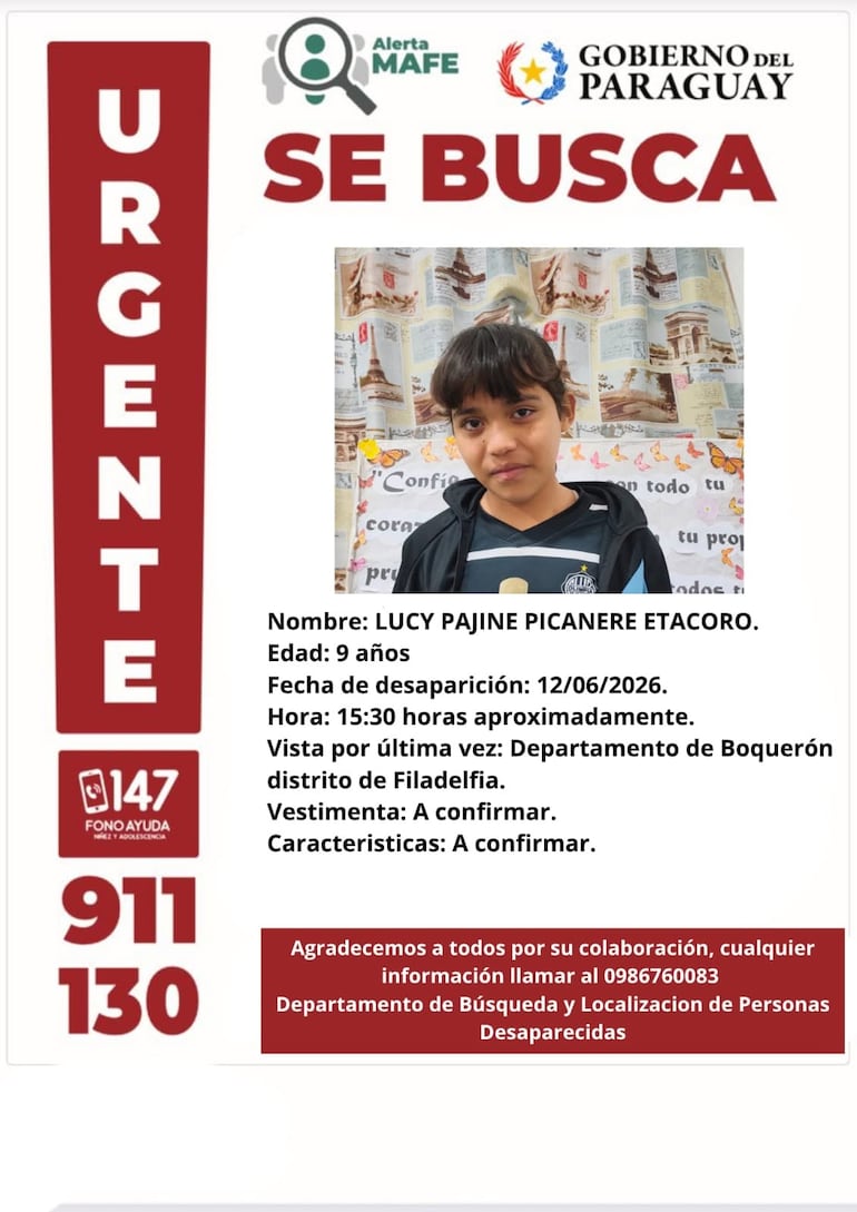 Lucy Pajine Picanere, adolescente desaparecida en Boquerón.
