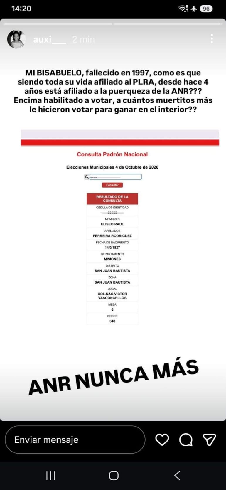 Texto sobre el padrón electoral, aflicción por la afiliación de un bisabuelo fallecido y crítica política.