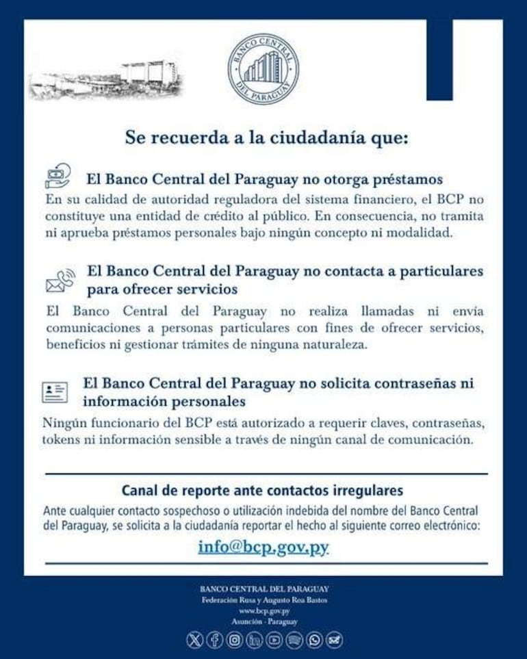 Documento del Banco Central del Paraguay que informa sobre su política de no otorgar préstamos y alerta contra fraudes.