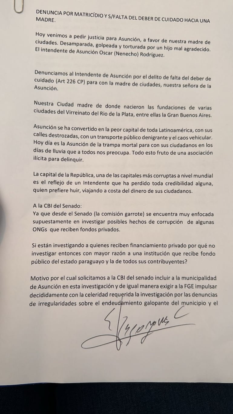 Carta escrita por el senador Salym Buzarquis