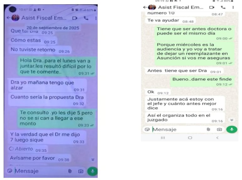 Algunos de los mensajes entre la asistente fiscal Lilian Florenciano y la abogada Corazón de María Corrales.