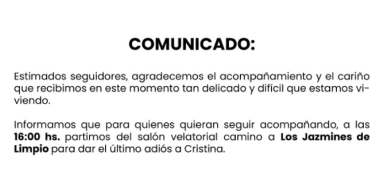 Comunicado en el que se informa sobre la última morada de Cristina Vita Aranda. (captura de pantalla).