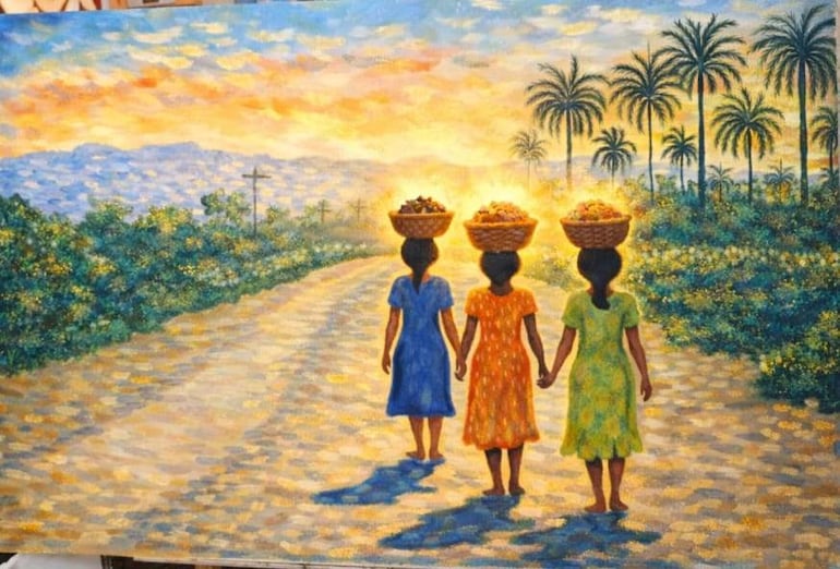 Cuadro tradicional donde tres mujeres caminan por un camino rural llevando canastas sobre sus cabezas.