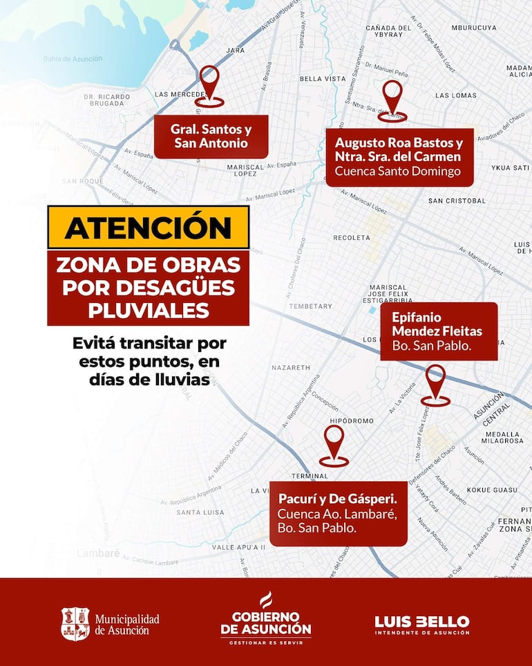 Mapa informativo de Asunción con alertas sobre zonas de desagües pluviales y advertencias sobre la seguridad vial.