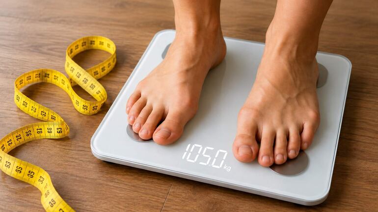 Pies descalzos sobre balanza digital mostrando 105 kg, con cinta métrica amarilla enrollada en el suelo.