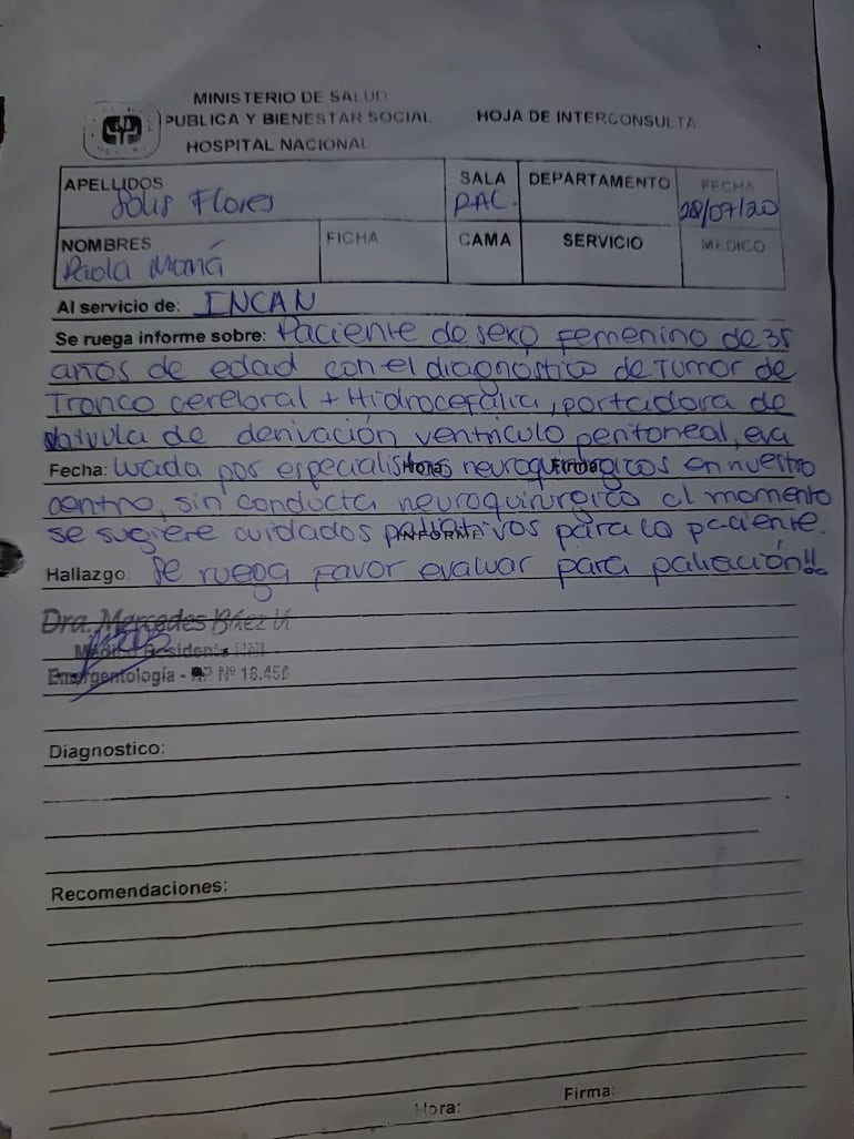 En la imagen se observa el informe médico, en el cual se sugiere la derivación a cuidados paliativos.