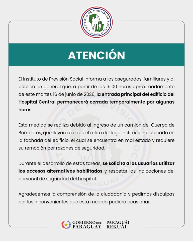 Aviso informativo del IPS sobre cierre temporal del Hospital Central, con texto claro y destacado en un fondo blanco.