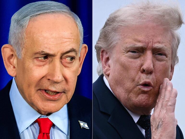 El primer ministro de Israel, Benjamin Netanyahu (i) y el mandatario estadounidense, Donald Trump. 