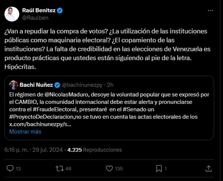 Respuesta de Raúl Benítez al senador Bachi Núñez.