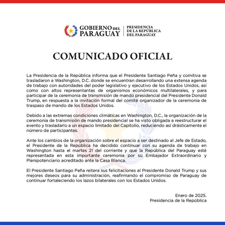 Comunicado presidencia sobre exclusión de asunción de mando de Donald Trump.